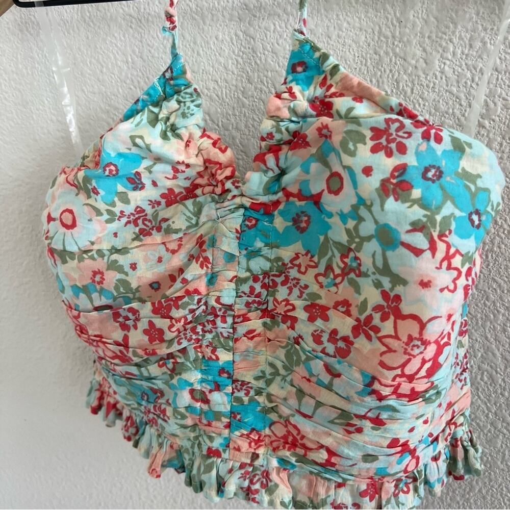 American Eagle Abstract Floral Halter Ruffle Ruched Back Smocked Small - Picture 7 of 8